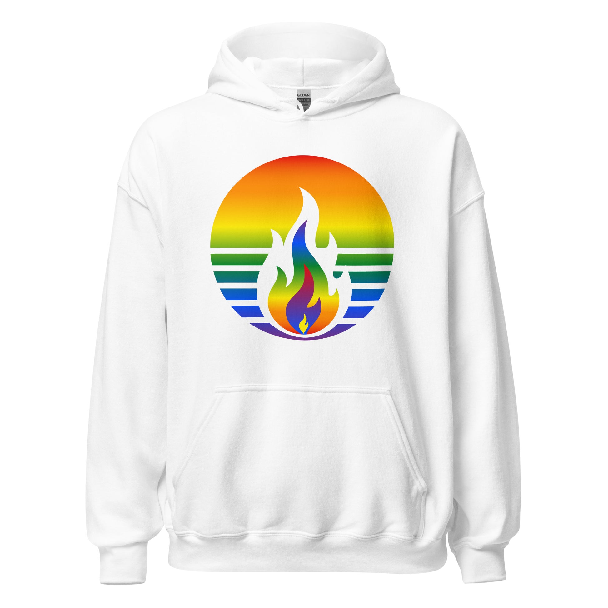 Rainbow Pride Fire Rising Hoodie with retro pride flame graphic, unisex LGBTQ+ pride apparel by Sparked By Pride