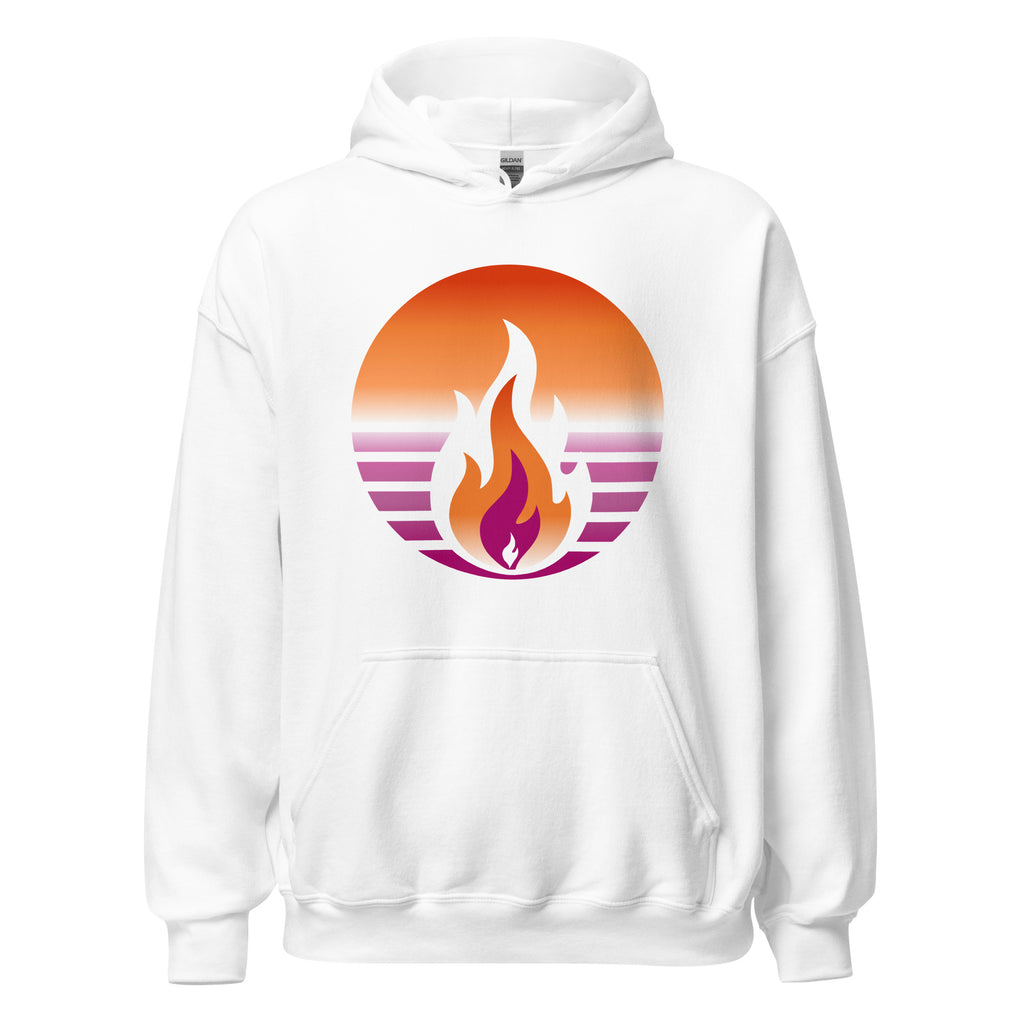 Lesbian Pride Fire Rising Hoodie with retro pride flame graphic, unisex pride t-shirt style by Sparked By Pride