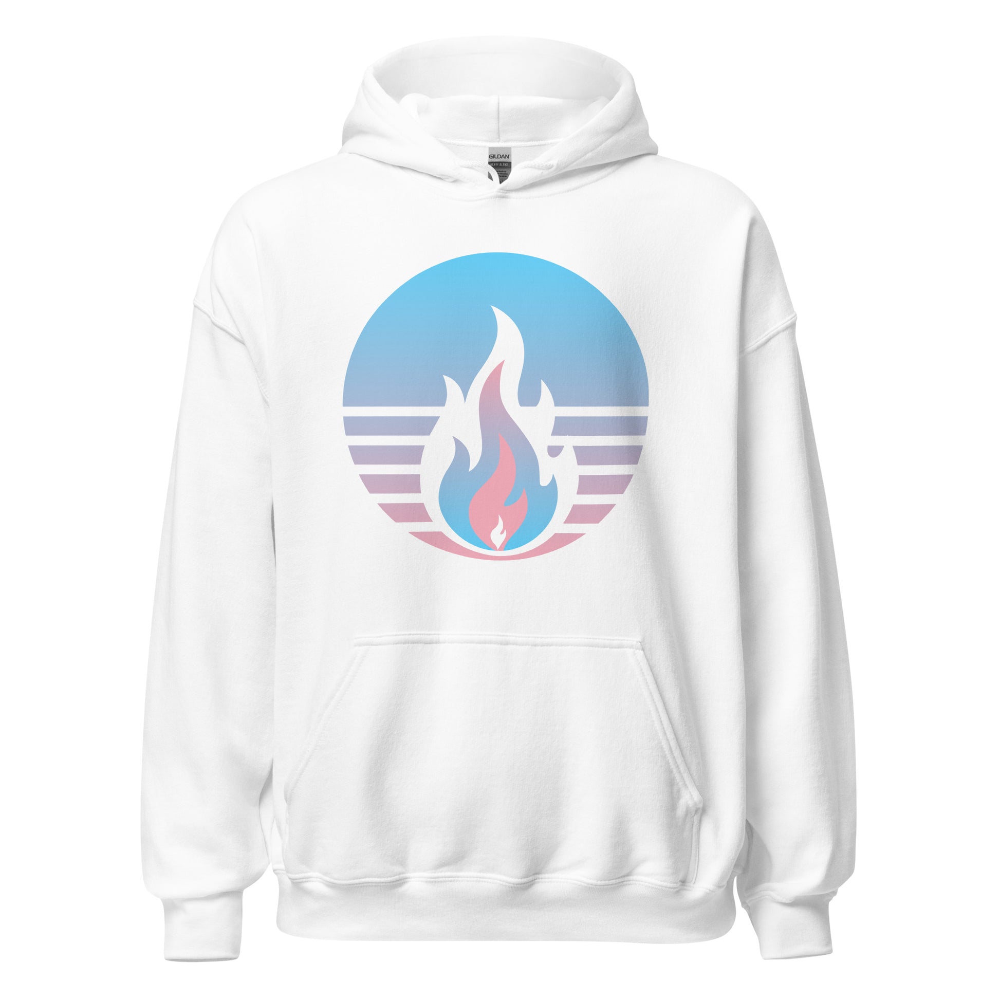 Transgender Fire Rising Hoodie with retro pride flame graphic in trans flag colors, unisex LGBTQ+ pride apparel by Sparked By Pride