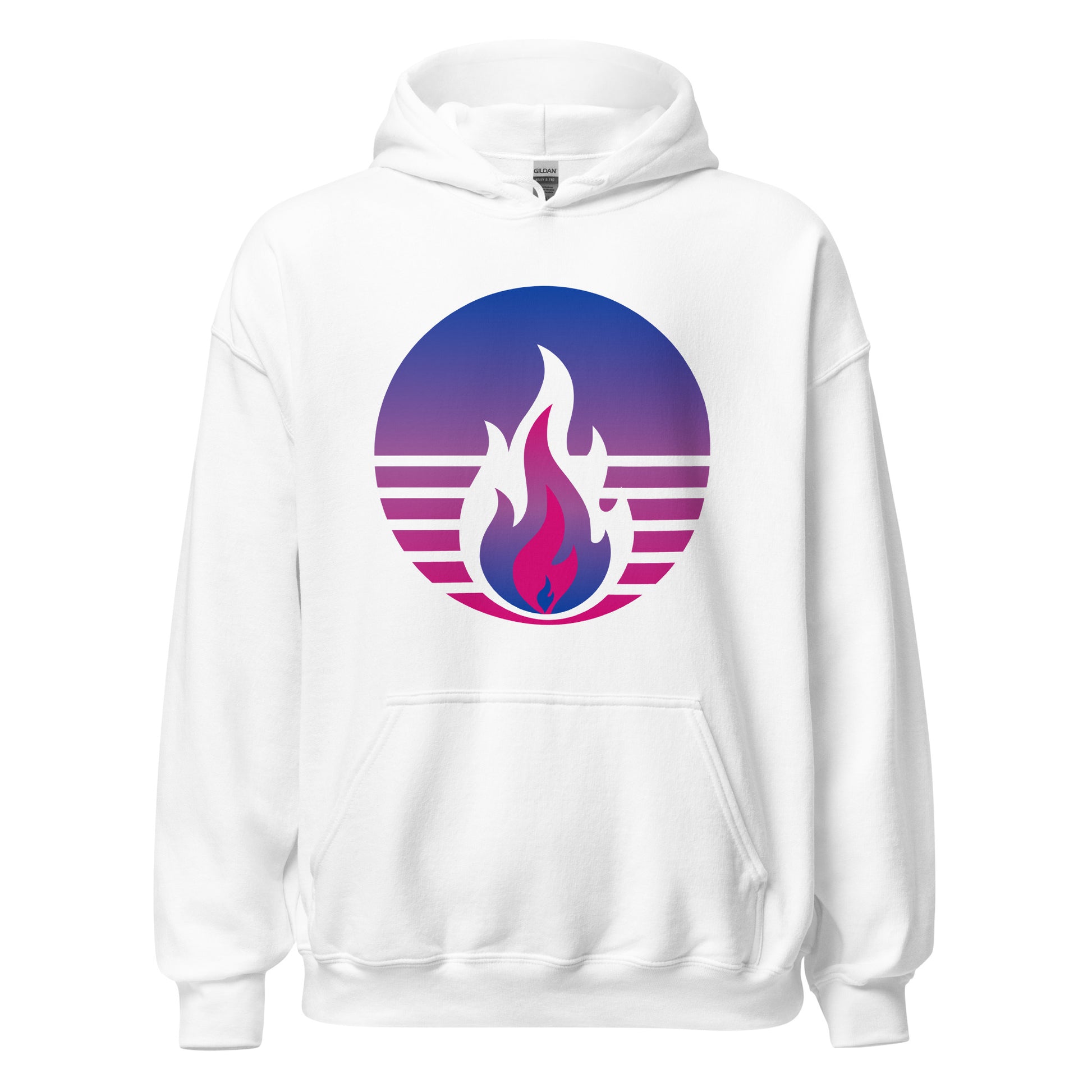 Bisexual Pride Fire Rising Hoodie with retro pride flame graphic, gender-affirming clothing by Sparked By Pride