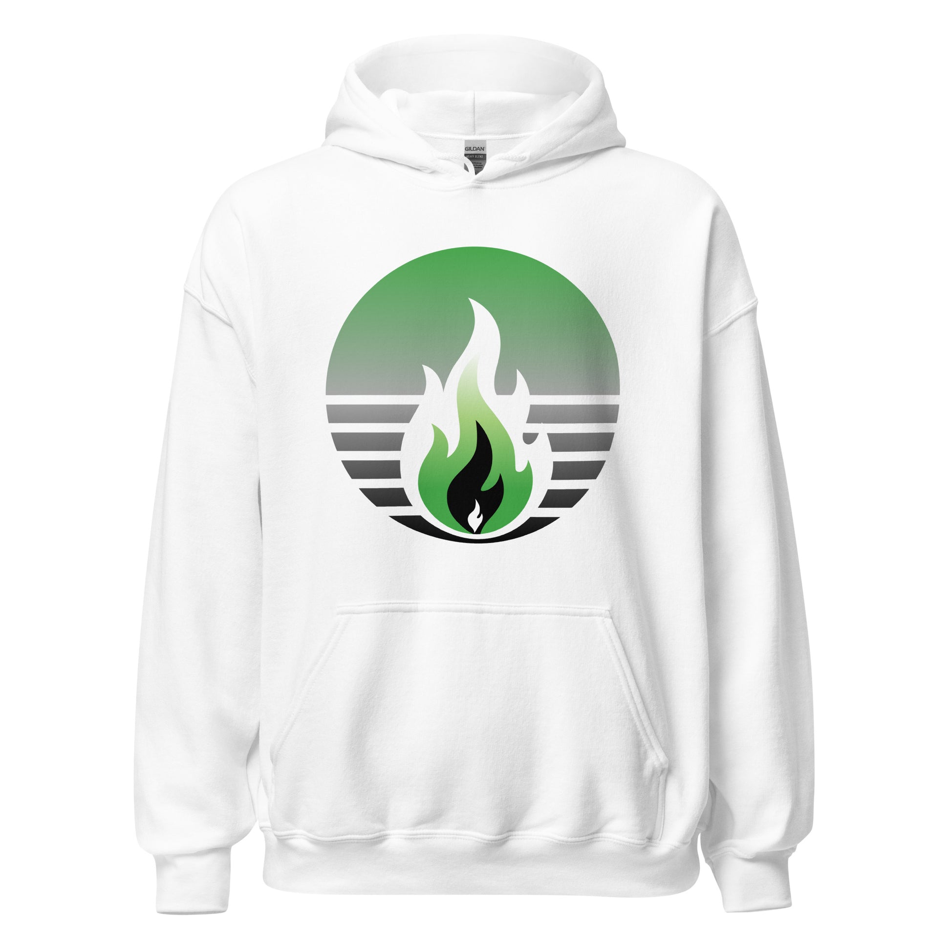Aromantic Pride Fire Rising Hoodie with retro pride flame graphic, unisex LGBTQ+ pride apparel by Sparked By Pride
