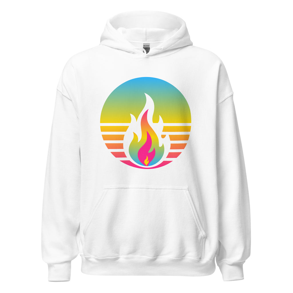 Pansexual Fire Rising Hoodie with retro pride flame graphic, inclusive queer fashion by Sparked By Pride