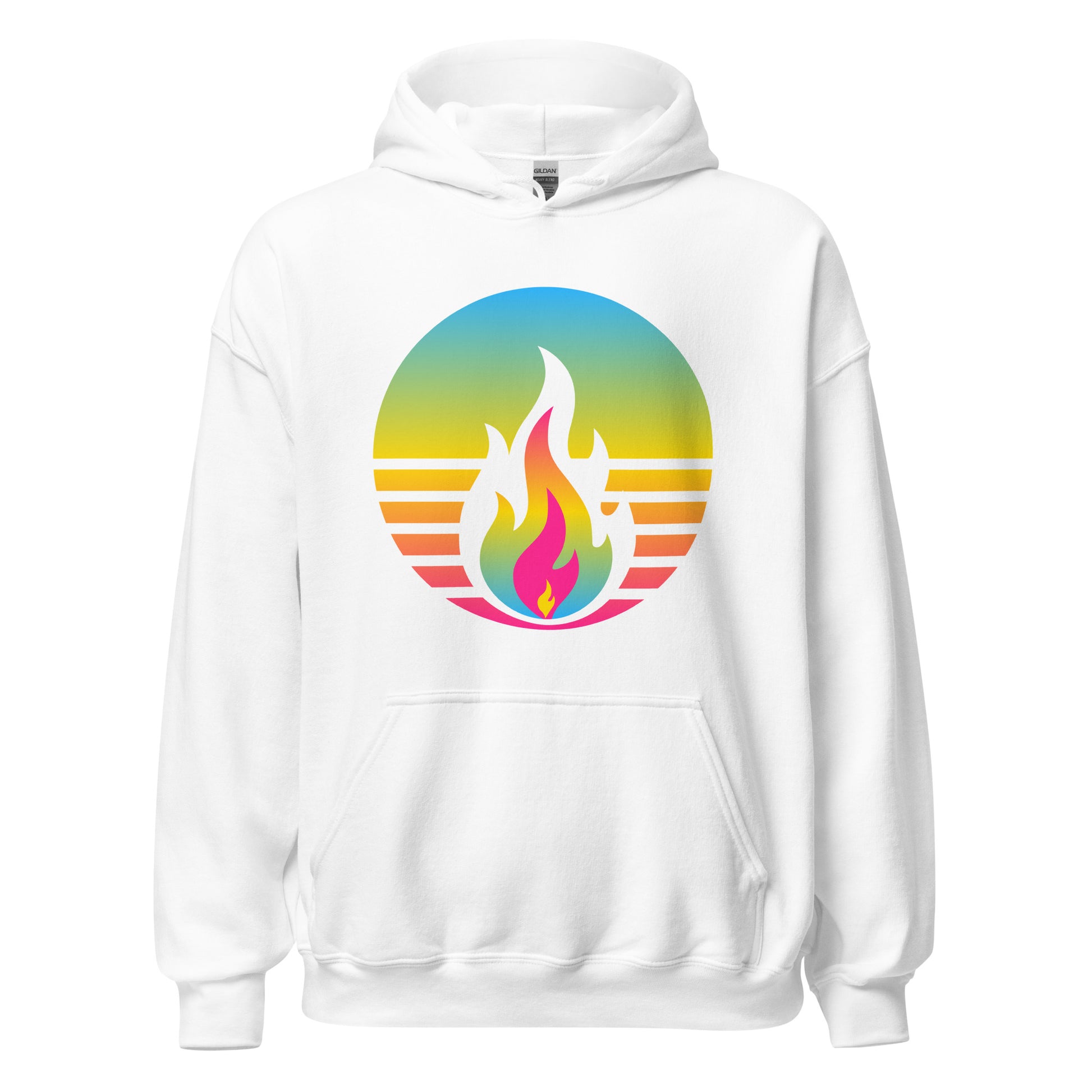 Pansexual Fire Rising Hoodie with retro pride flame graphic, inclusive queer fashion by Sparked By Pride