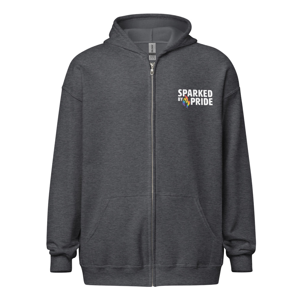 Sparked by Pride Zip Hoodie with printed pride flame graphic, unisex comfort, and queer-owned clothing brand by Sparked By Pride