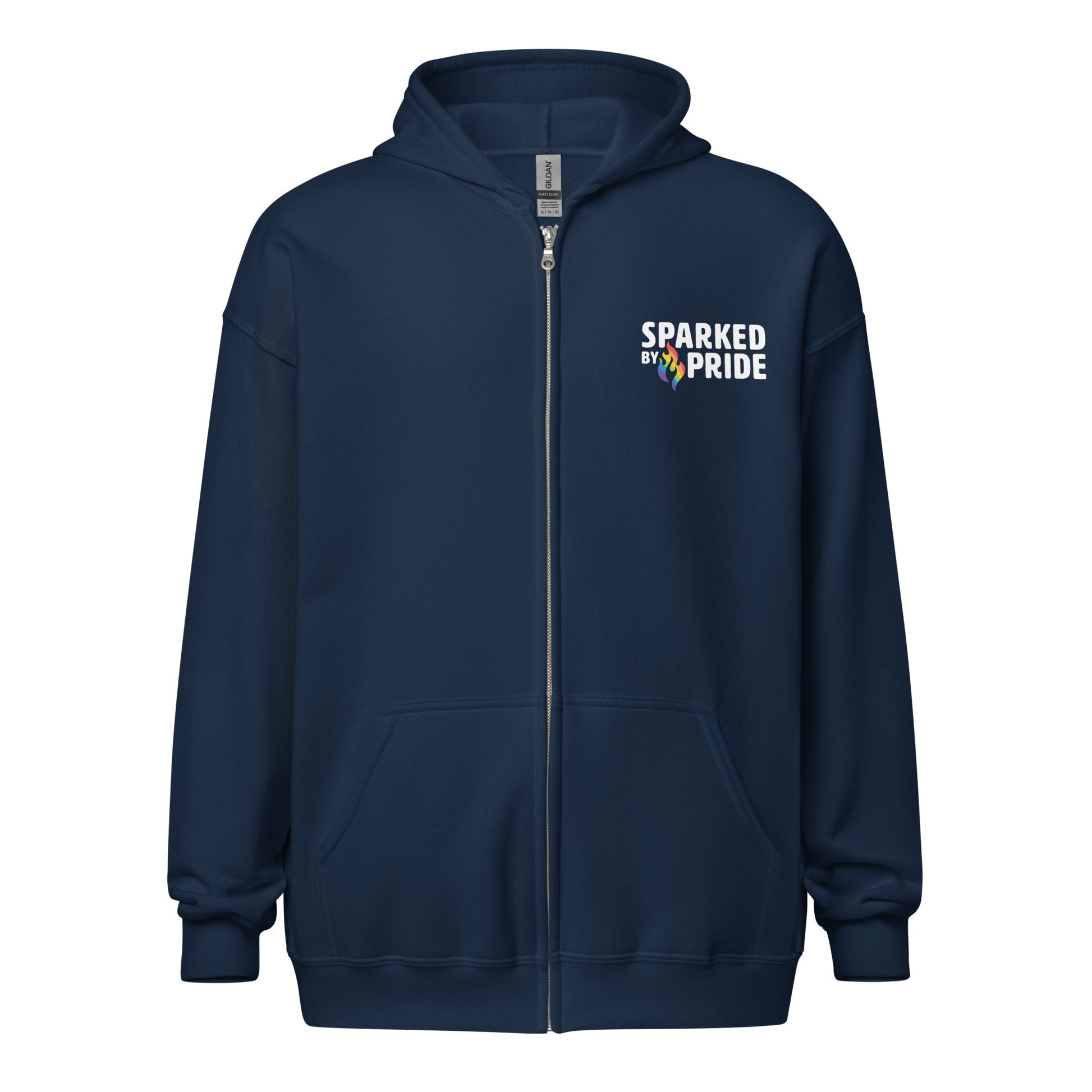 Navy unisex Sparked by Pride Zip Hoodie with printed pride flame graphic, inclusive queer fashion by Sparked By Pride
