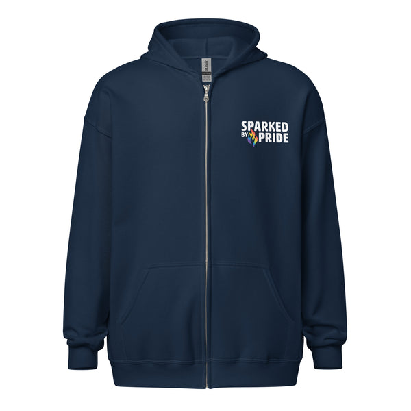 Navy unisex Sparked by Pride Zip Hoodie with printed pride flame graphic, inclusive queer fashion by Sparked By Pride
