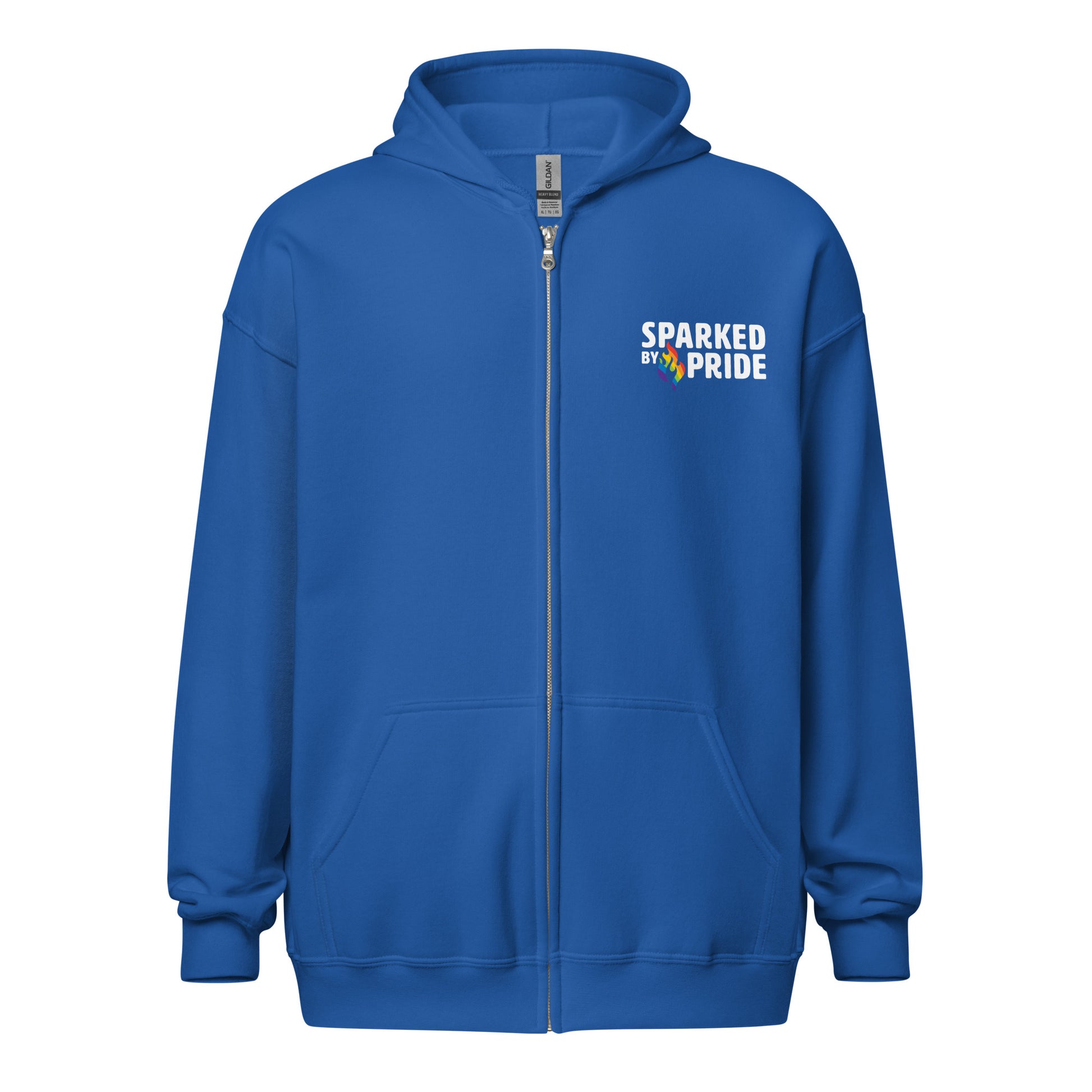 Blue unisex pride zip hoodie with printed pride flame graphic, gender-affirming clothing by Sparked By Pride.