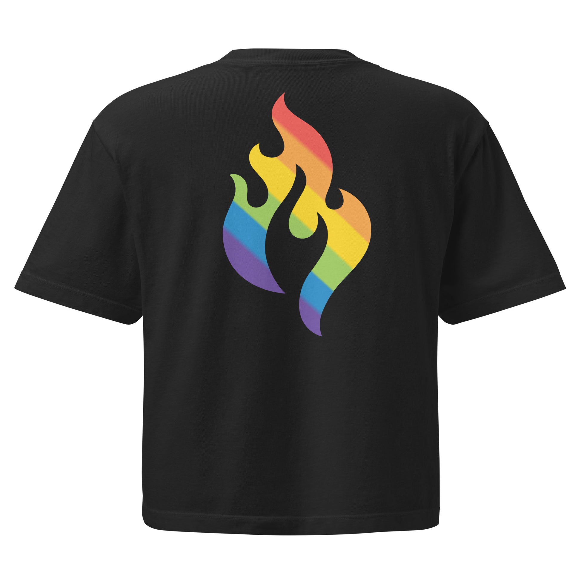 Rainbow Pride Flame T-shirt with printed pride flame graphic, inclusive queer fashion by Sparked By Pride.