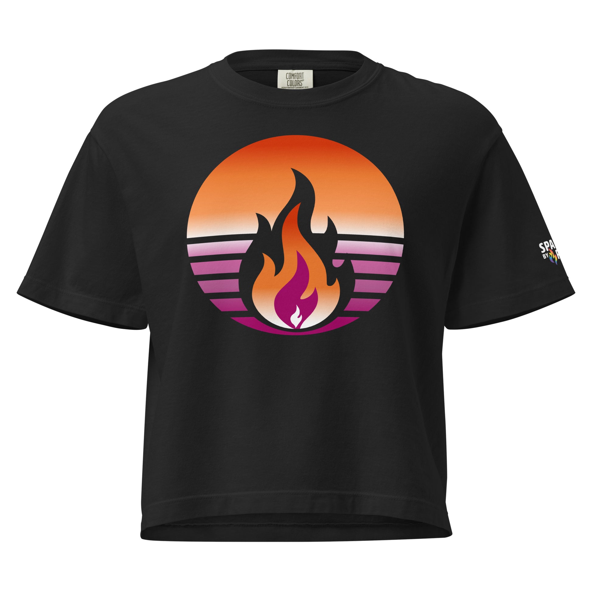Lesbian Pride Fire Rising Boxy Crop Tee with retro pride flame graphic, gender-affirming comfort by Sparked By Pride