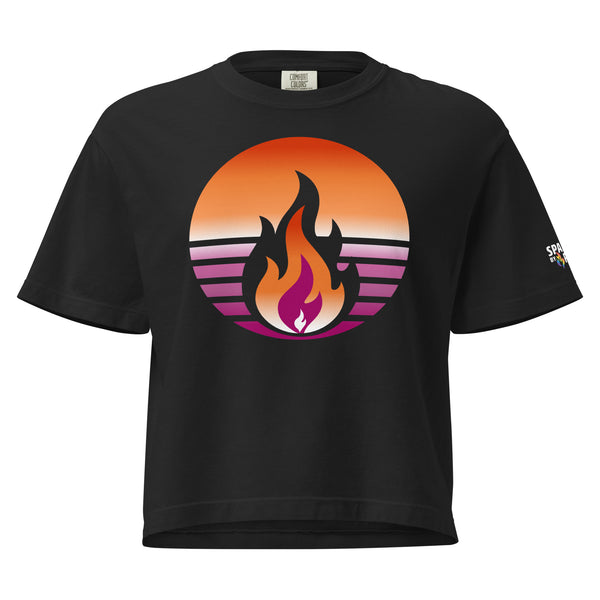 Lesbian Pride Fire Rising Boxy Crop Tee with retro pride flame graphic, gender-affirming comfort by Sparked By Pride