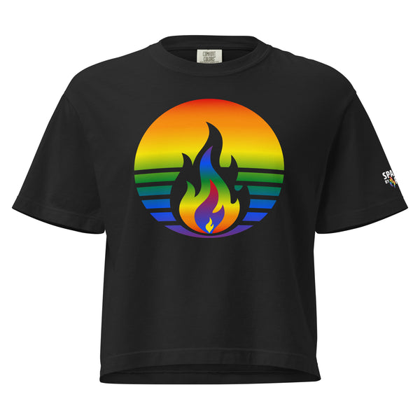Rainbow Pride Fire Rising Boxy Crop Tee with retro pride flame graphic, subtle LGBTQ shirt by Sparked By Pride