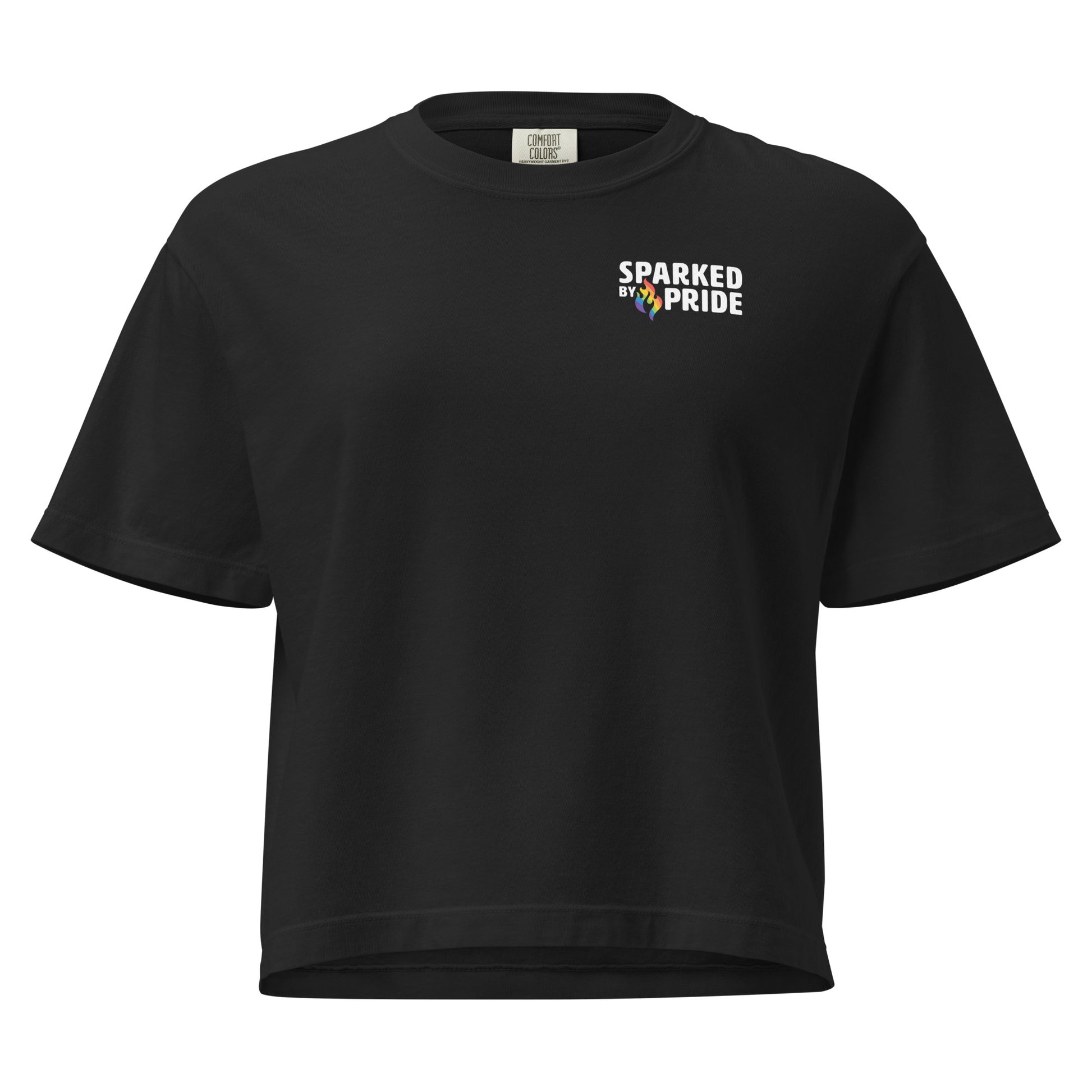 Rainbow Pride Flame T-shirt featuring printed pride flame graphic, unisex style by Sparked By Pride.