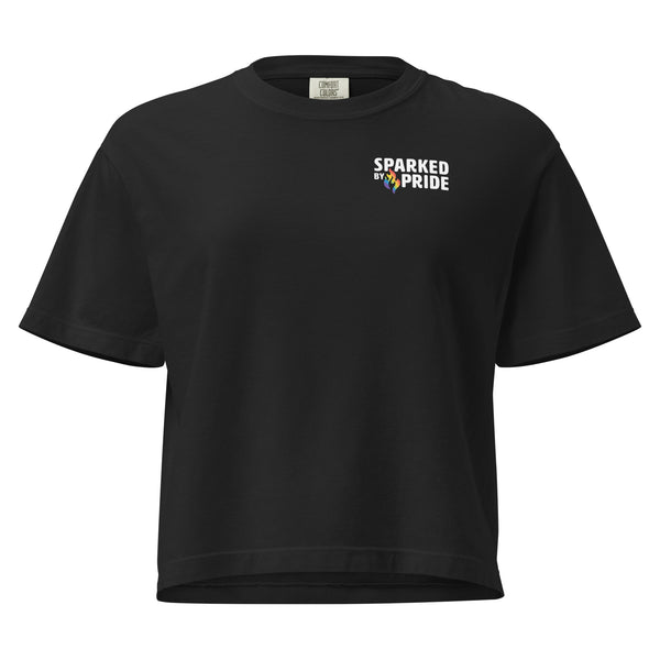 Rainbow Pride Flame T-shirt featuring printed pride flame graphic, unisex style by Sparked By Pride.