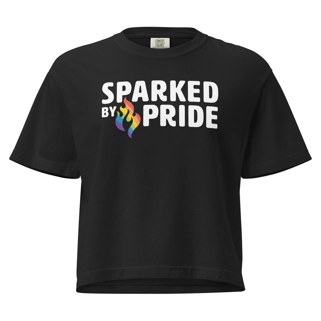 Black unisex Sparked by Pride Boxy Crop Tee with printed pride flame graphic. Comfort Colors pride shirt by Sparked By Pride.