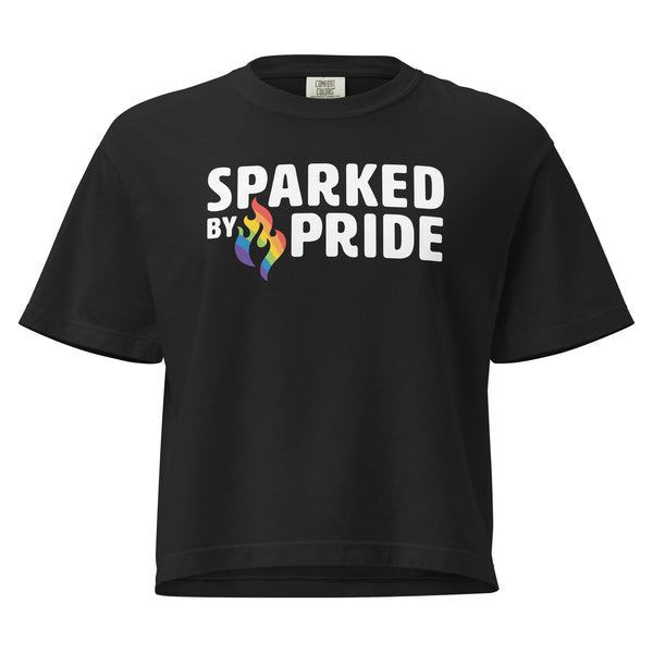 Black unisex Sparked by Pride Boxy Crop Tee with printed pride flame graphic. Comfort Colors pride shirt by Sparked By Pride.