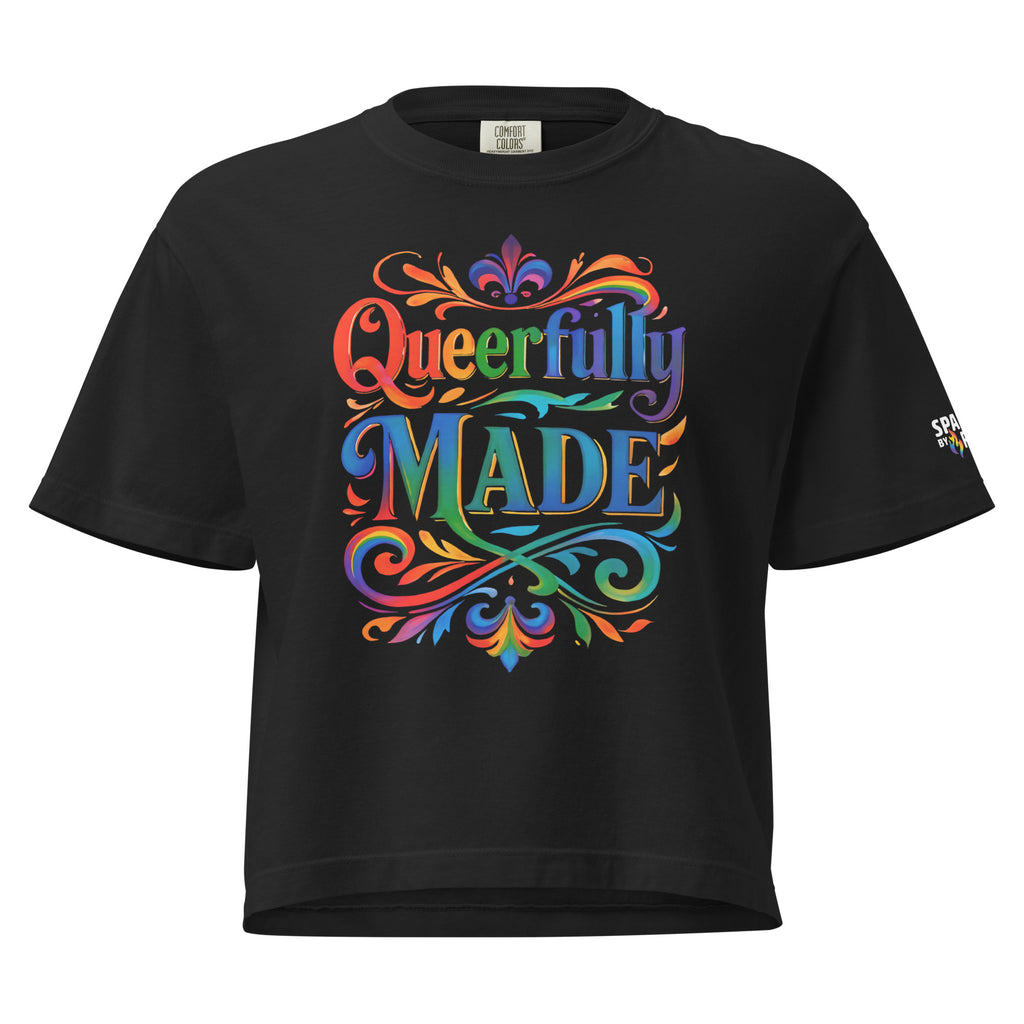 Queerfully Made Boxy Crop T-Shirt with retro pride flame graphic, unisex pride tee by Sparked By Pride