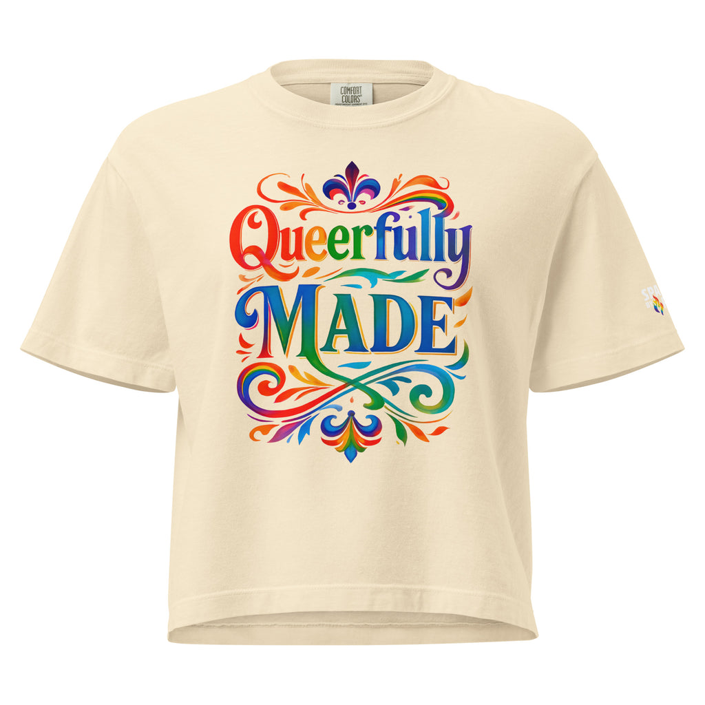 Queerfully Made Boxy Crop T-Shirt with retro pride flame print, inclusive queer fashion by Sparked By Pride