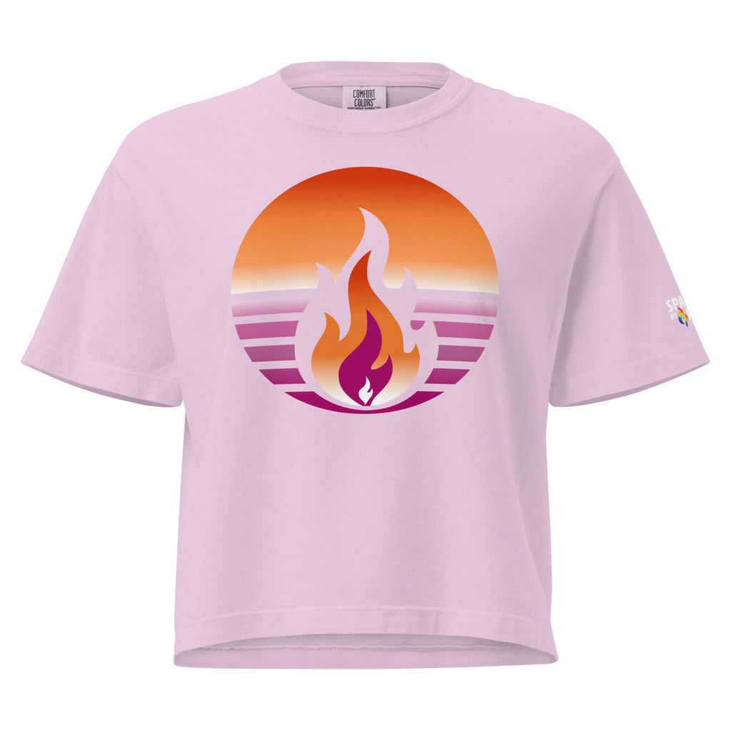 Lesbian Pride Fire Rising Boxy Crop Tee with retro pride flame graphic, inclusive queer fashion by Sparked By Pride