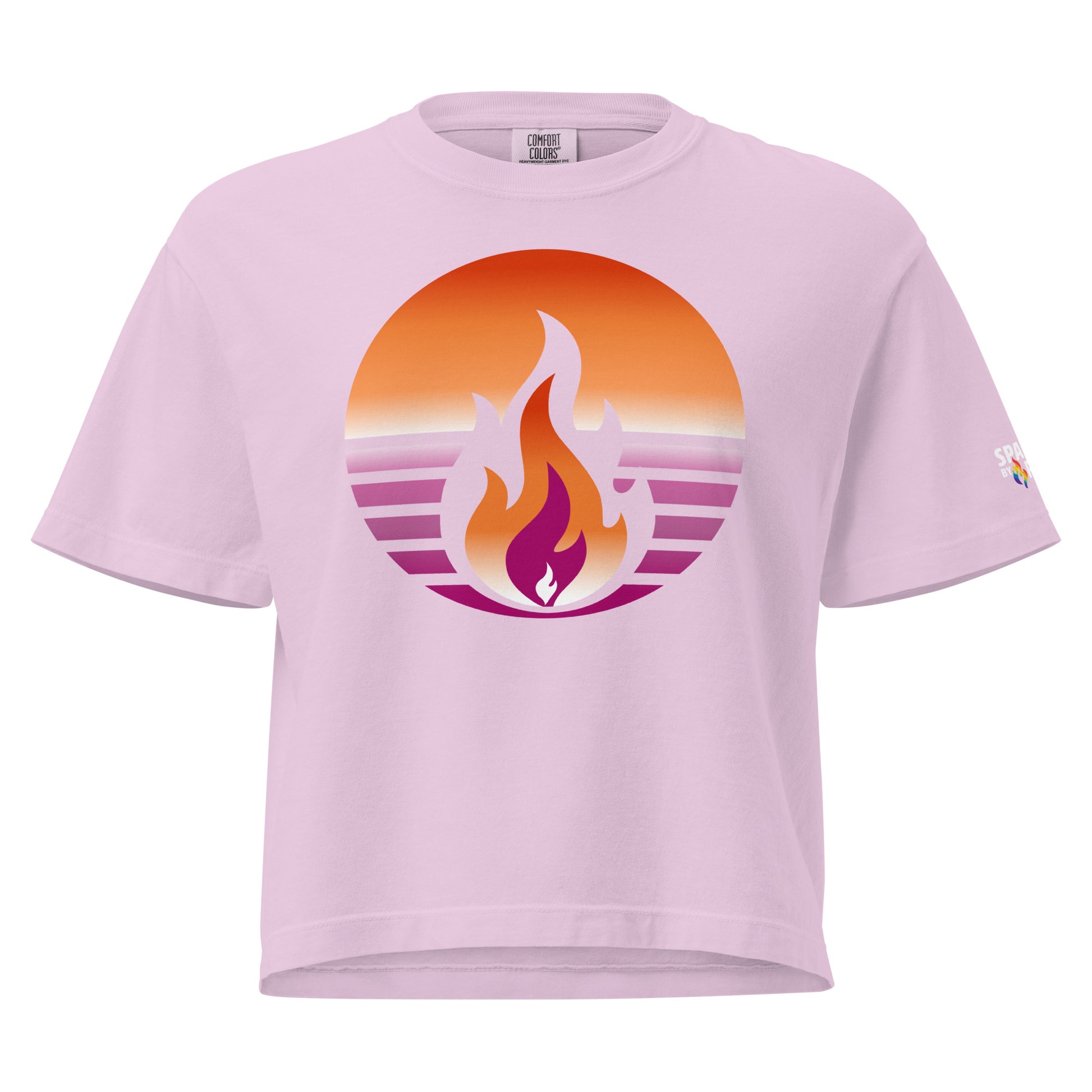 Lesbian Pride Fire Rising Boxy Crop Tee with retro pride flame graphic, inclusive queer fashion by Sparked By Pride
