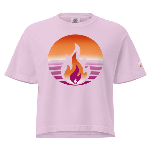 Lesbian Pride Fire Rising Boxy Crop Tee with retro pride flame graphic, inclusive queer fashion by Sparked By Pride