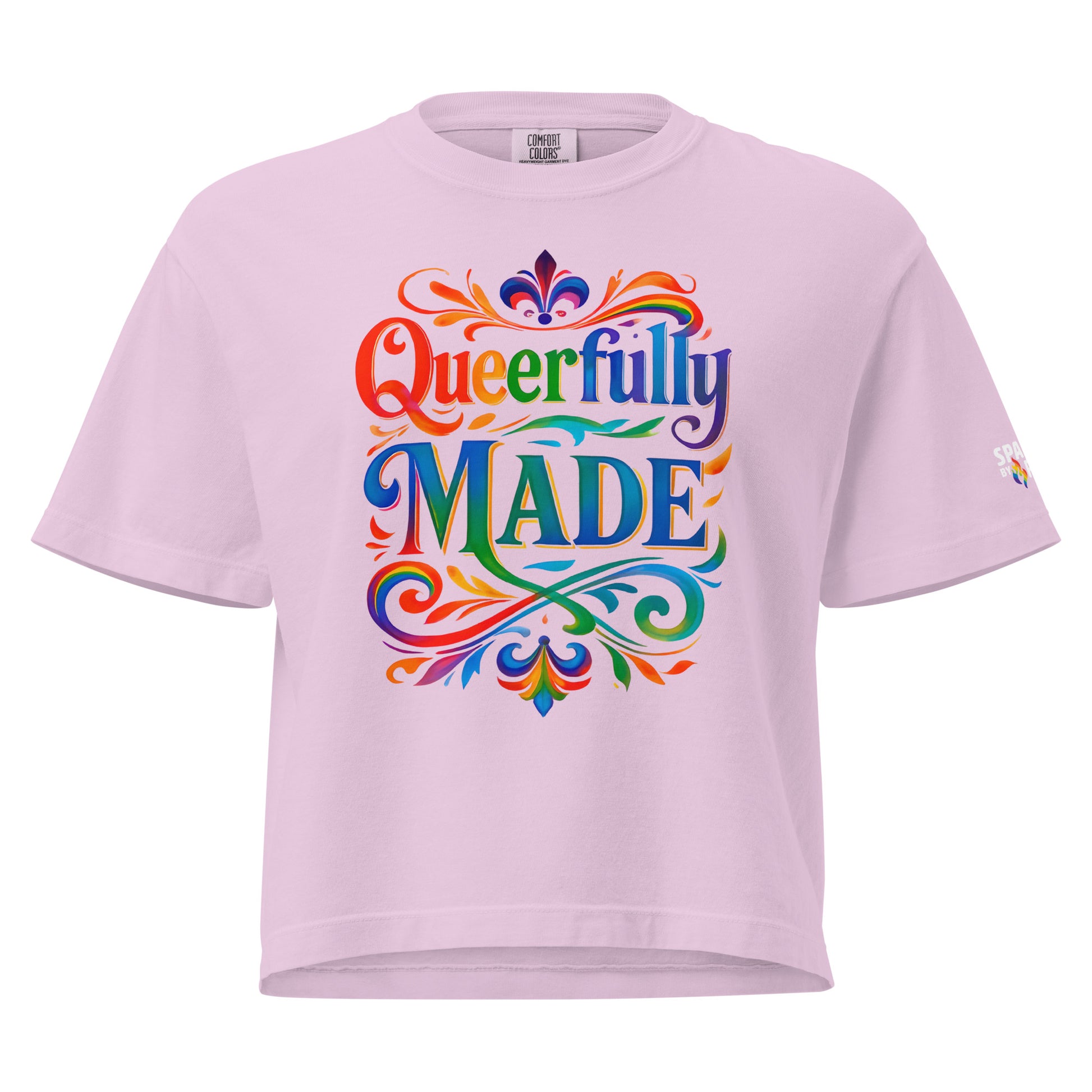 Retro pride flame design on Queerfully Made Boxy Crop T-Shirt, inclusive queer fashion by Sparked By Pride.
