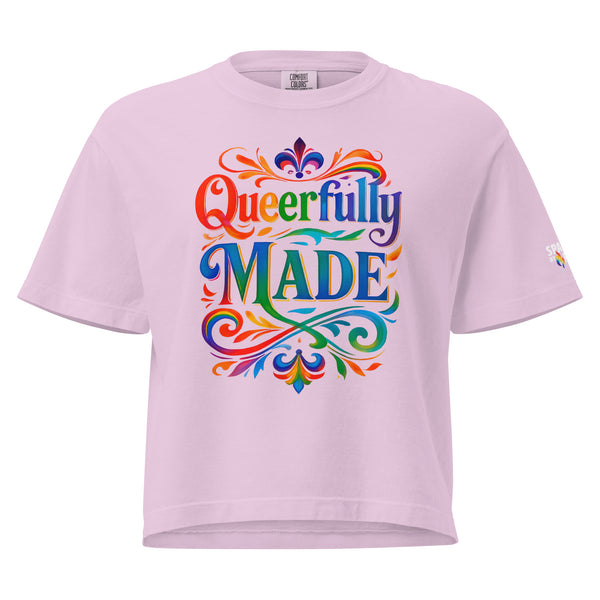 Retro pride flame design on Queerfully Made Boxy Crop T-Shirt, inclusive queer fashion by Sparked By Pride.