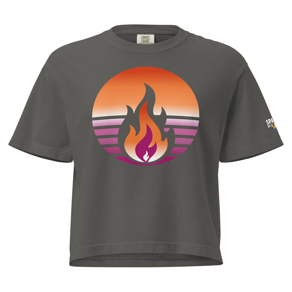 Lesbian Pride Fire Rising Boxy Crop Tee with retro pride flame graphic, inclusive queer fashion by Sparked By Pride