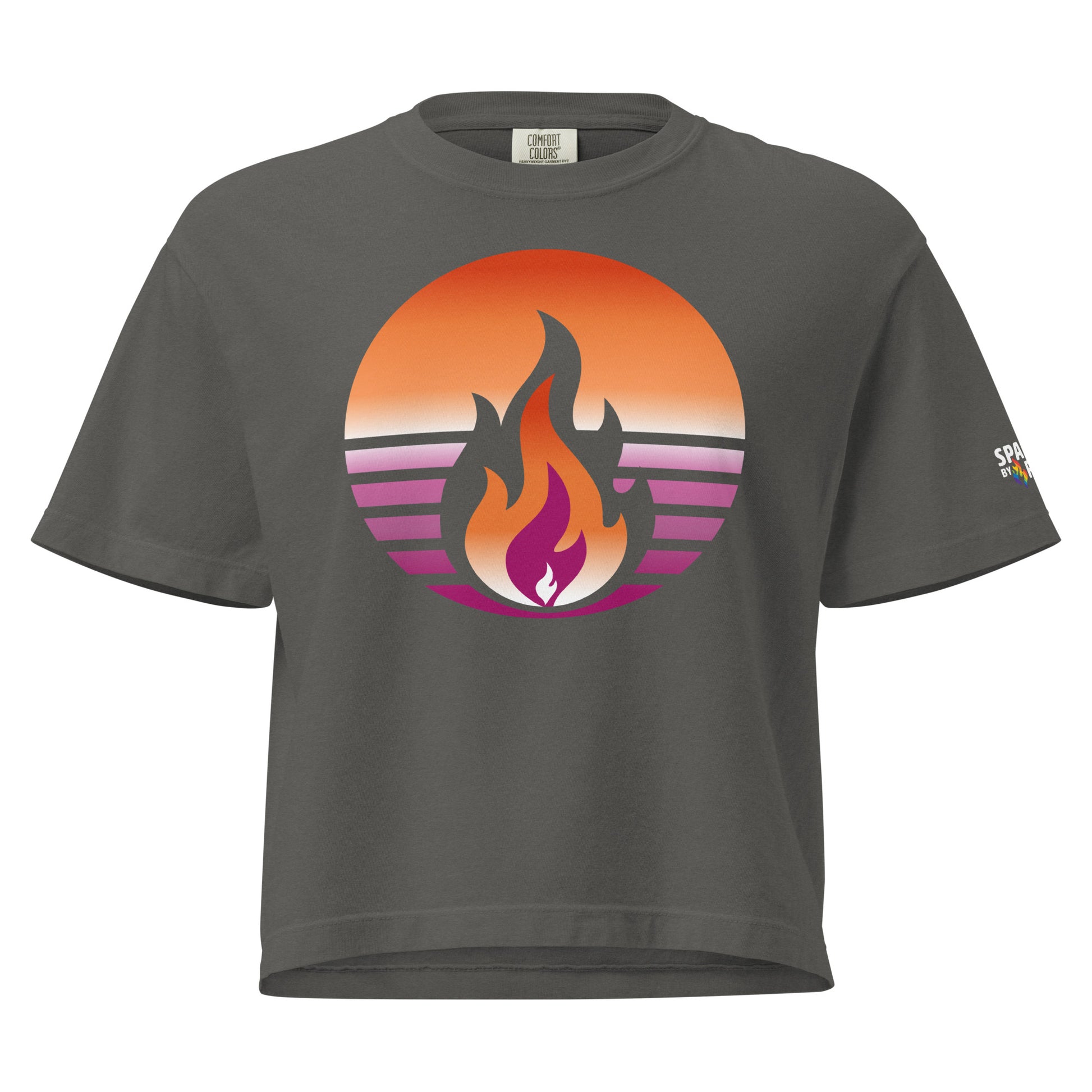 Lesbian Pride Fire Rising Boxy Crop Tee with retro pride flame graphic, inclusive queer fashion by Sparked By Pride
