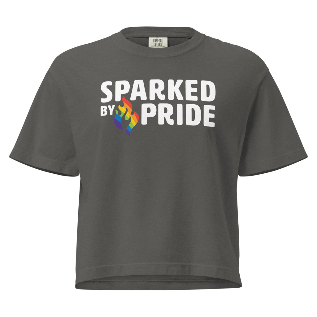 Sparked by Pride Boxy Crop Tee with printed pride flame graphic, unisex pride t-shirt by Sparked By Pride