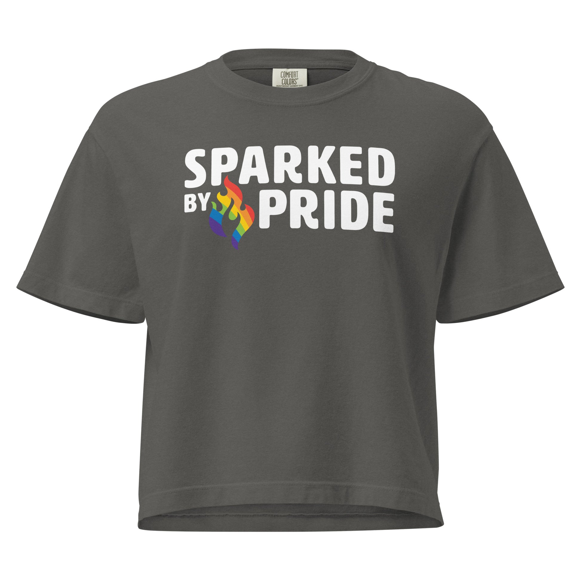 Sparked by Pride Boxy Crop Tee with printed pride flame graphic, unisex pride t-shirt by Sparked By Pride