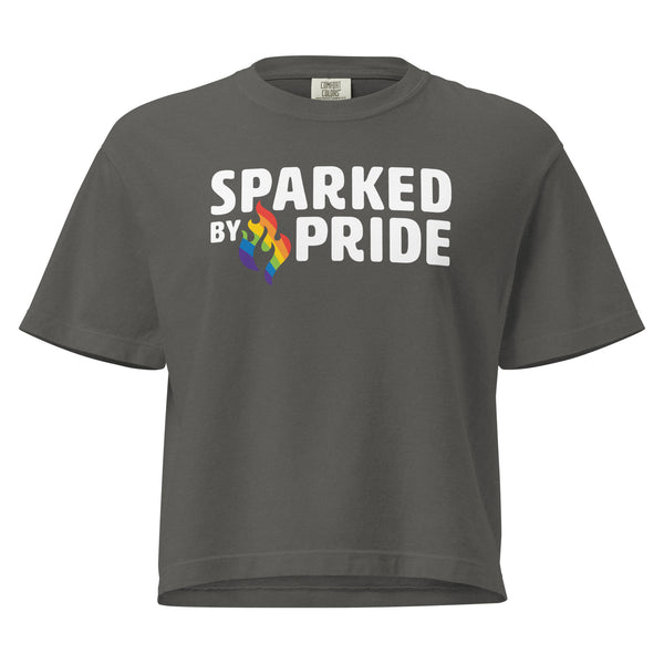 Sparked by Pride Boxy Crop Tee with printed pride flame graphic, unisex pride t-shirt by Sparked By Pride