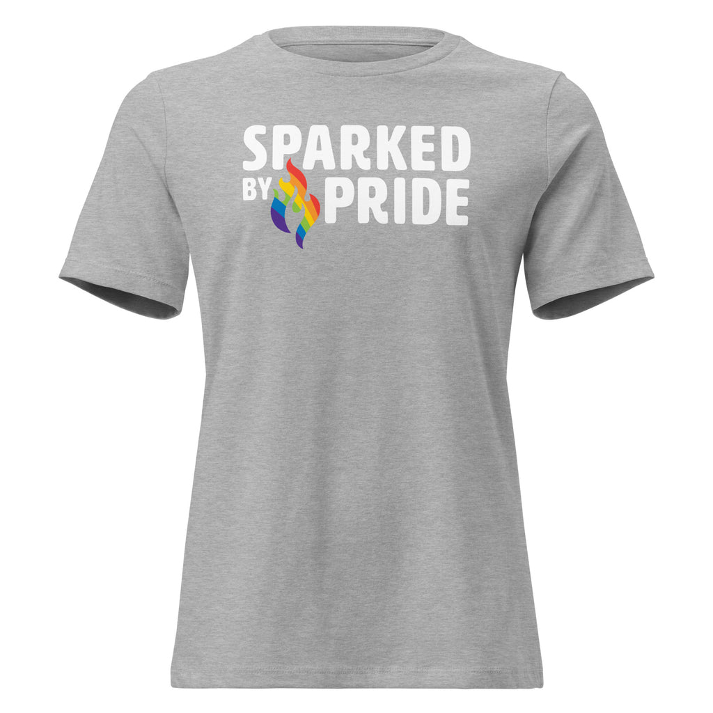 Sparked by Pride Women's Relaxed T-Shirt with retro pride flame print, made to order LGBTQ apparel by Sparked By Pride