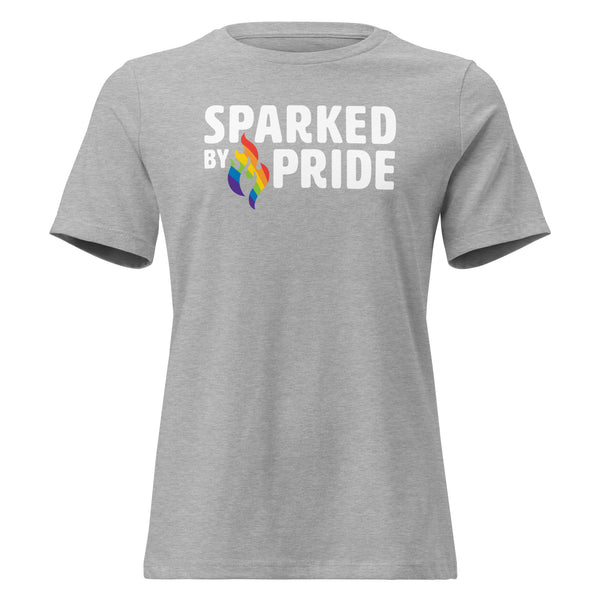Sparked by Pride Women's Relaxed T-Shirt with retro pride flame print, made to order LGBTQ apparel by Sparked By Pride