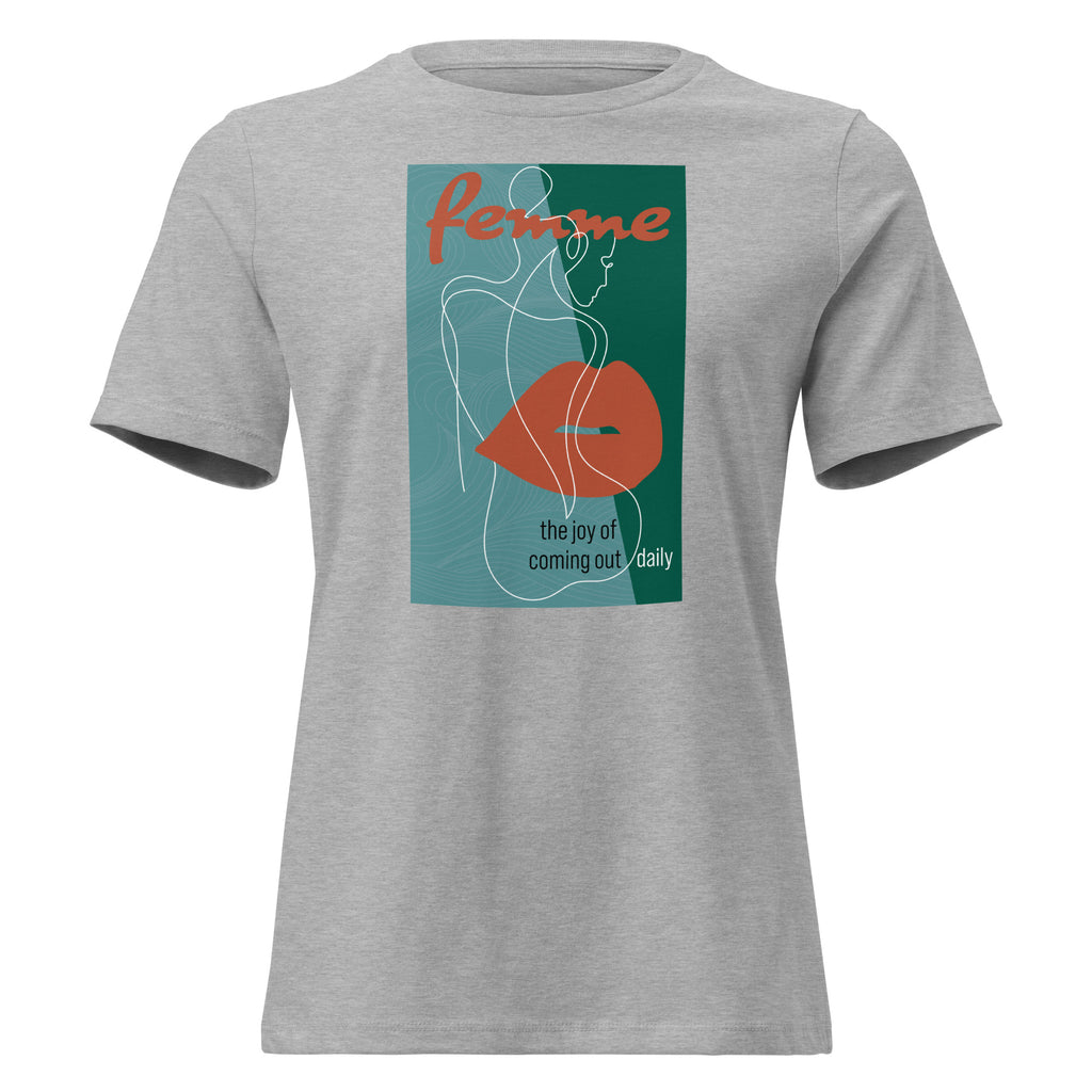 Femme: The Joy of Coming Out Daily T-Shirt featuring bold lips design, queer identity clothing by Sparked By Pride