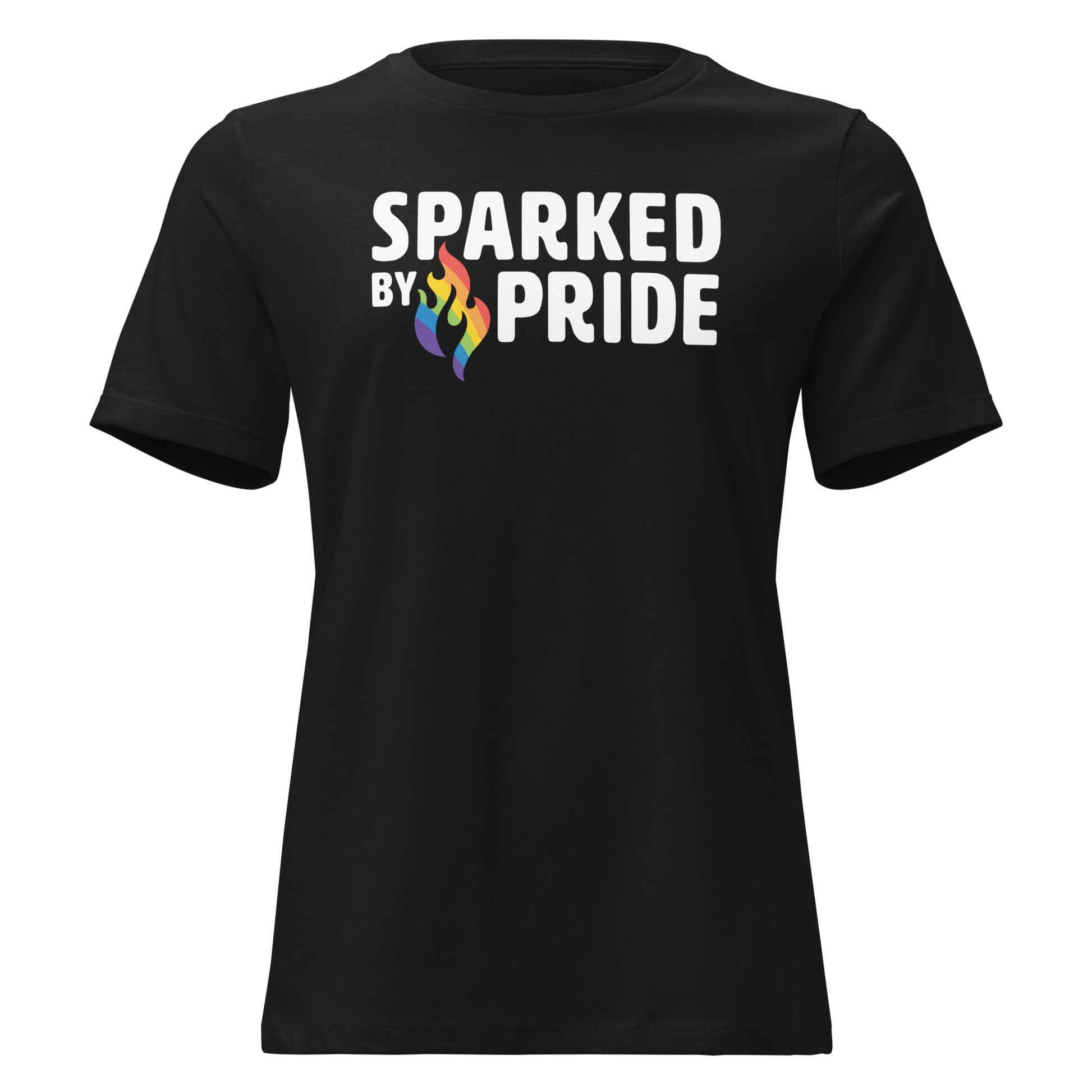 Sparked by Pride Women's Relaxed T-Shirt with printed pride flame graphic by queer-owned clothing brand Sparked By Pride