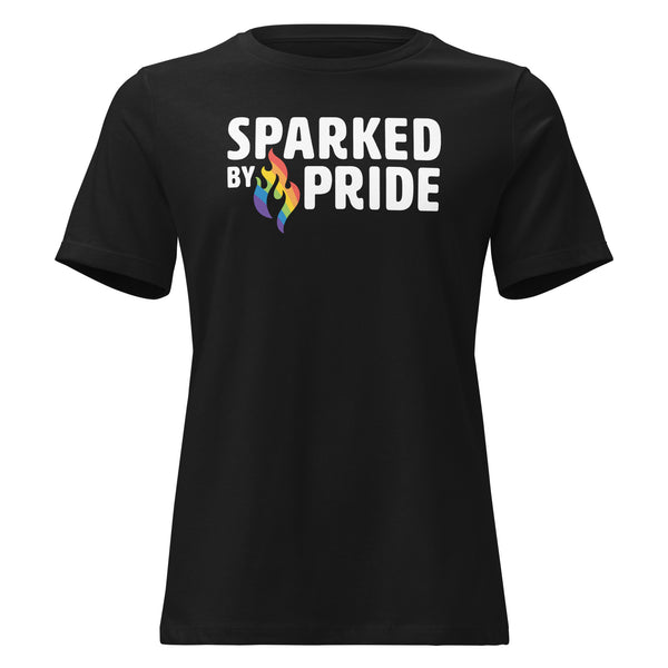 Sparked by Pride Women's Relaxed T-Shirt with printed pride flame graphic by queer-owned clothing brand Sparked By Pride