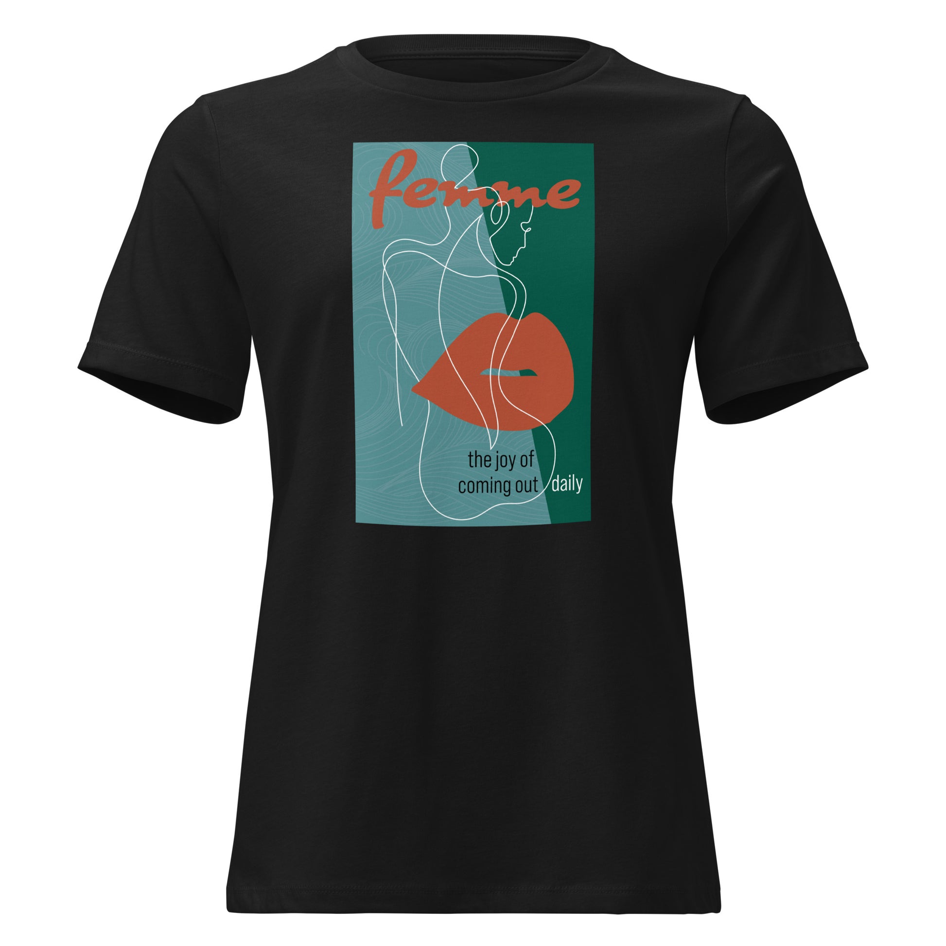Femme: The Joy of Coming Out Daily T-Shirt with printed pride flame graphic by Sparked By Pride
