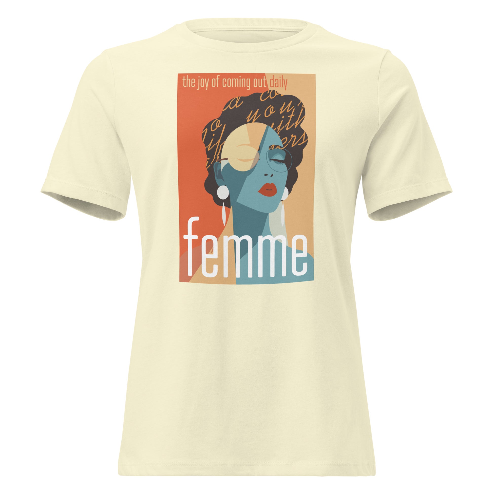 Femme: The Joy of Coming Out Daily T-Shirt with retro pride flame graphic, inclusive queer fashion by Sparked By Pride