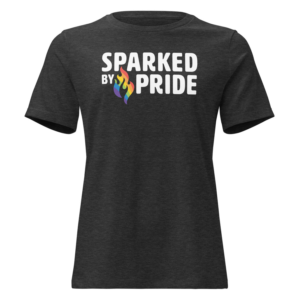 Sparked by Pride Women's Relaxed T-Shirt with retro pride flame graphic, inclusive queer fashion by Sparked By Pride