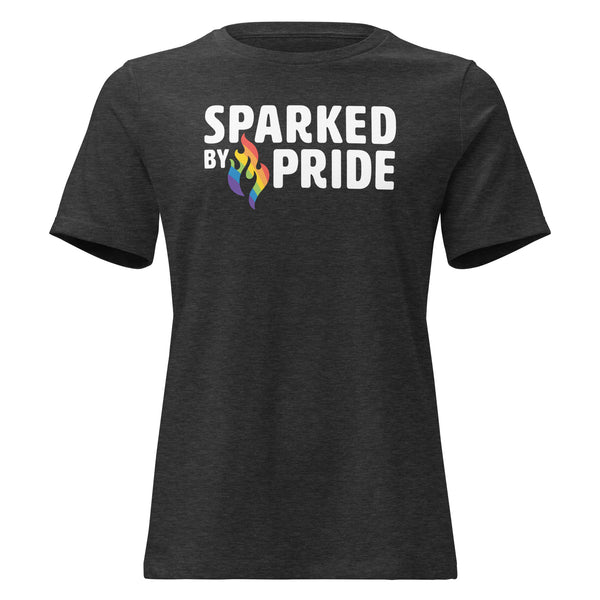 Sparked by Pride Women's Relaxed T-Shirt with retro pride flame graphic, inclusive queer fashion by Sparked By Pride