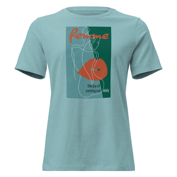 Femme The Joy of Coming Out Daily T-Shirt with printed pride flame graphic by Sparked By Pride
