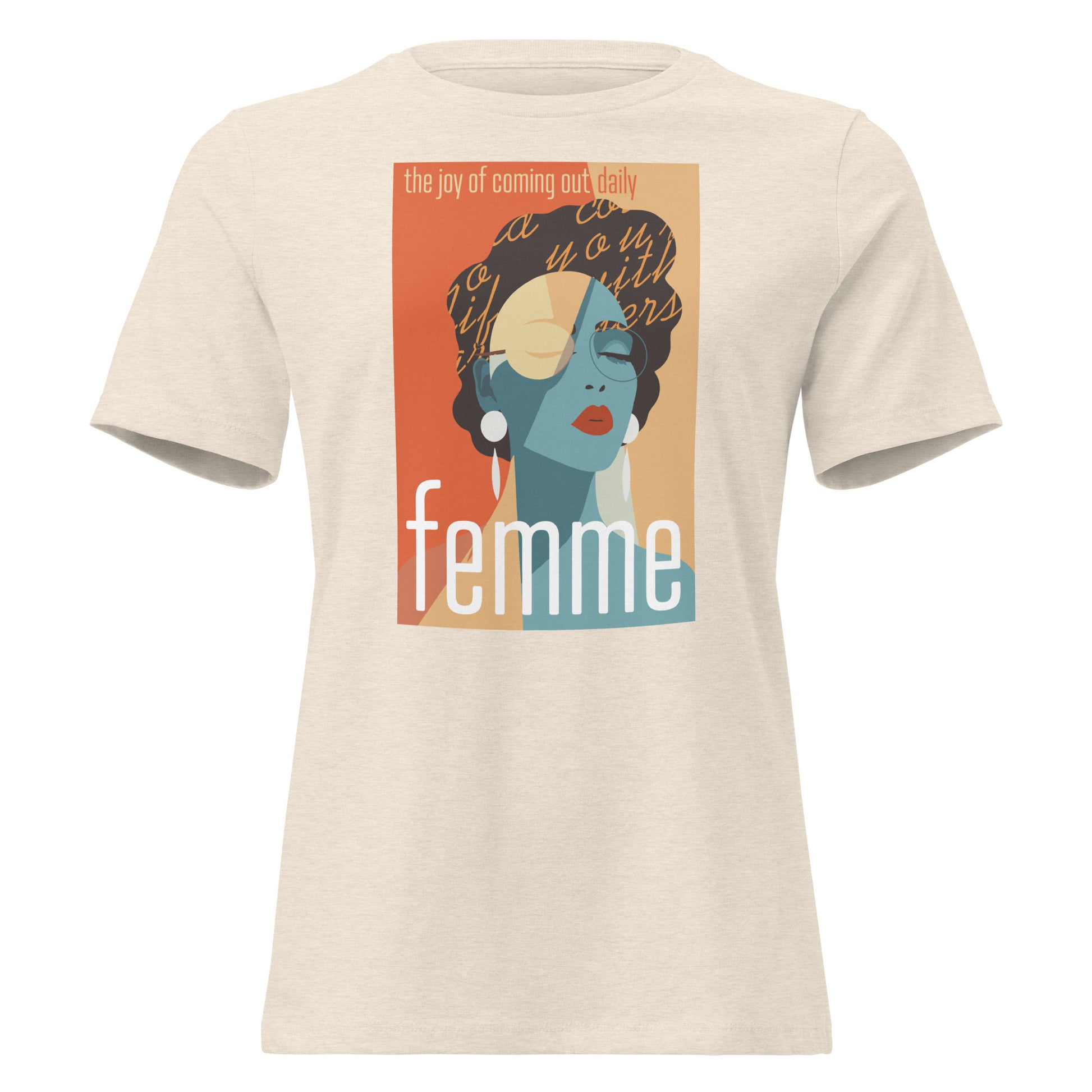 Femme: The Joy of Coming Out Daily T-Shirt with retro pride flame design, unisex pride tee by Sparked By Pride