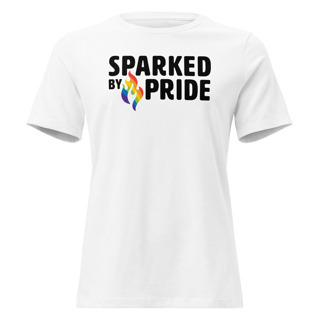 Sparked by Pride Women's Relaxed T-Shirt with printed pride flame graphic for LGBTQ+ pride apparel by Sparked By Pride