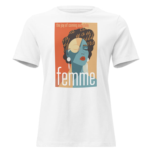 Femme: The Joy of Coming Out Daily T-Shirt with printed pride flame graphic by Sparked By Pride