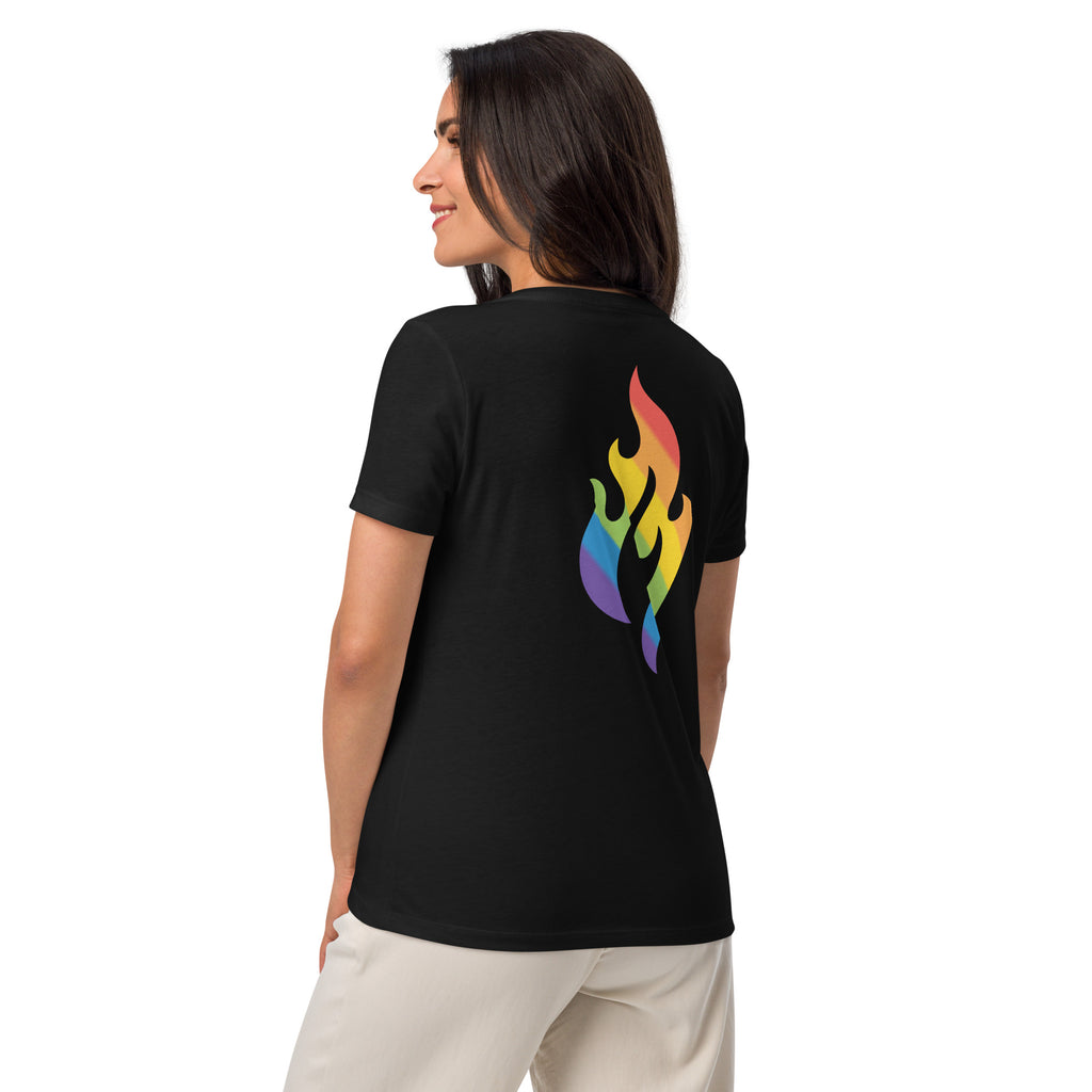 Rainbow Pride Flame Women's V-Neck T-Shirt with printed pride flame graphic by Sparked By Pride