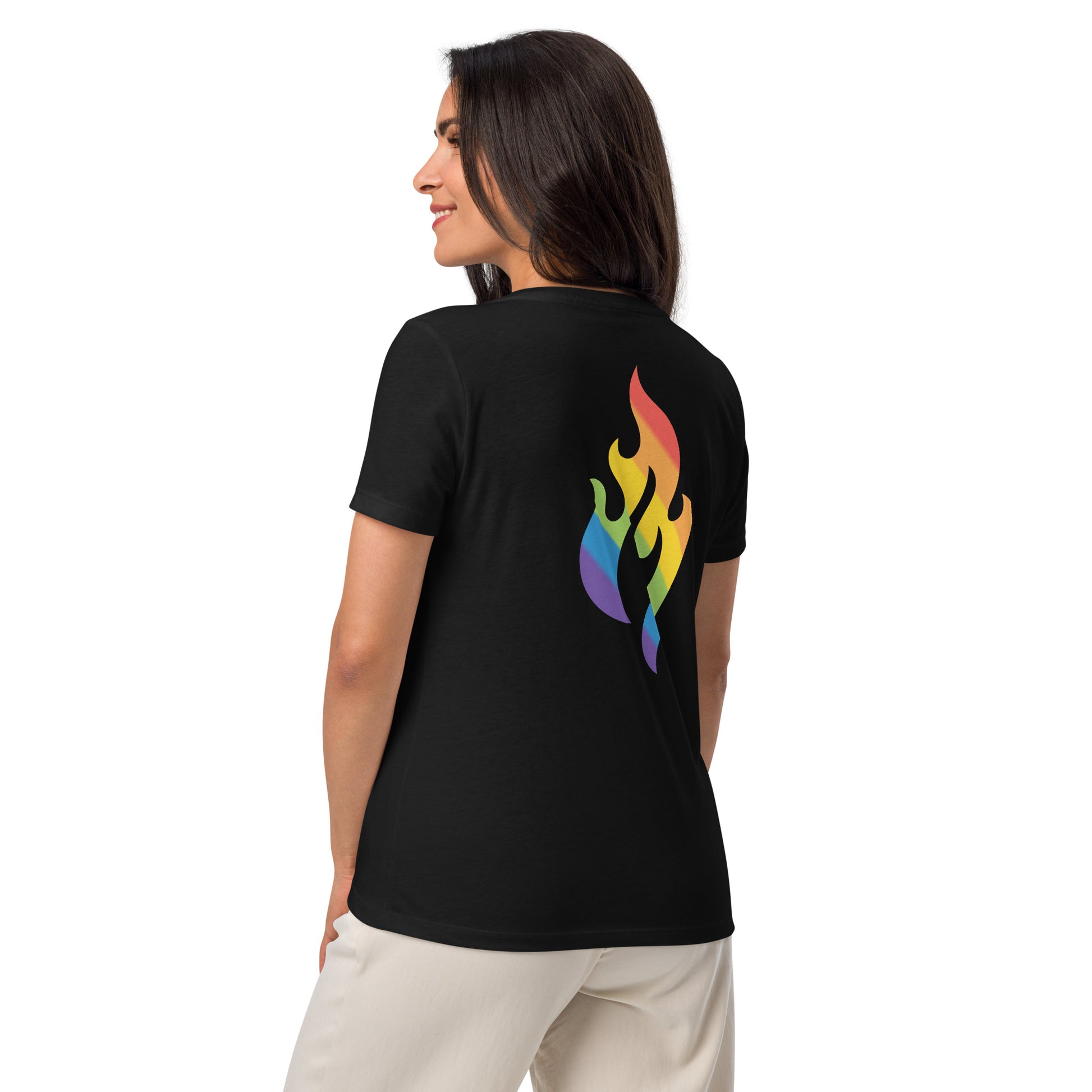 Rainbow Pride Flame Women's V-Neck T-Shirt with printed pride flame graphic by Sparked By Pride