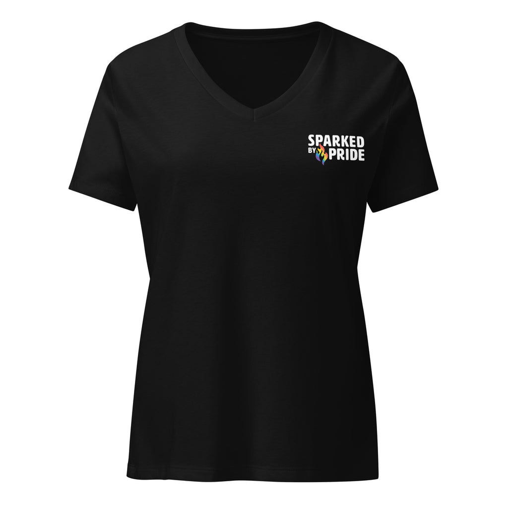 Rainbow Pride Flame Women's V-Neck T-Shirt with printed pride flame graphic by Sparked By Pride.